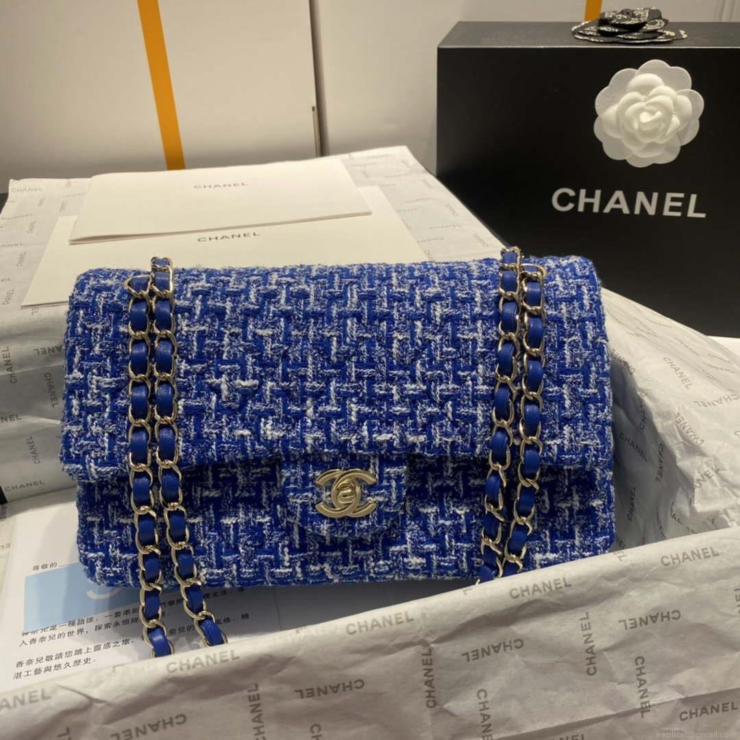 Chanel A01112 Flap Classic Handbag Tweed & Gold-Tone Metal Blue