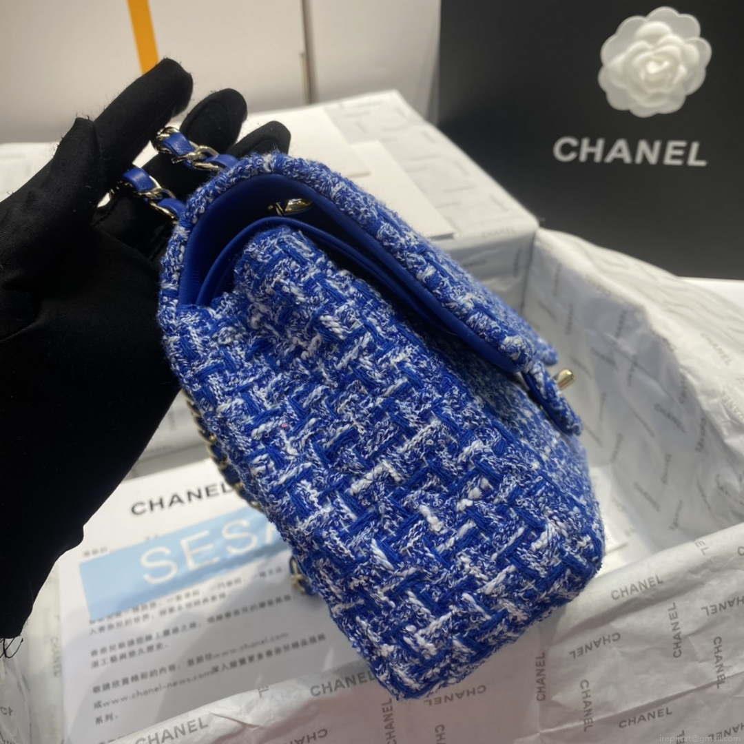 Chanel A01112 Flap Classic Handbag Tweed & Gold-Tone Metal Blue