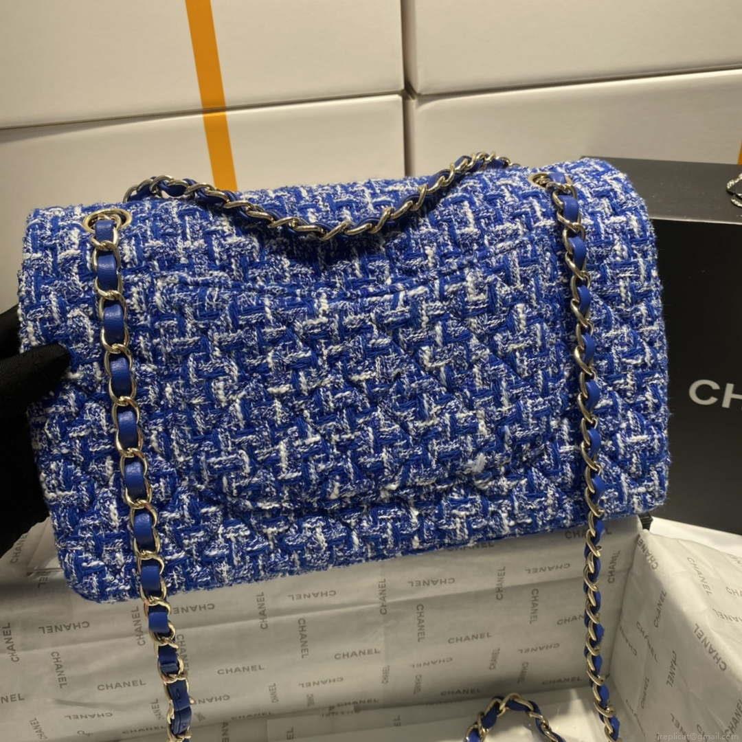 Chanel A01112 Flap Classic Handbag Tweed & Gold-Tone Metal Blue