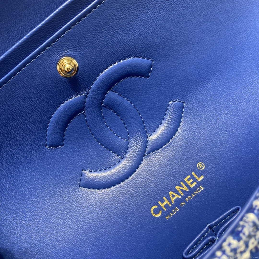 Chanel A01112 Flap Classic Handbag Tweed & Gold-Tone Metal Blue