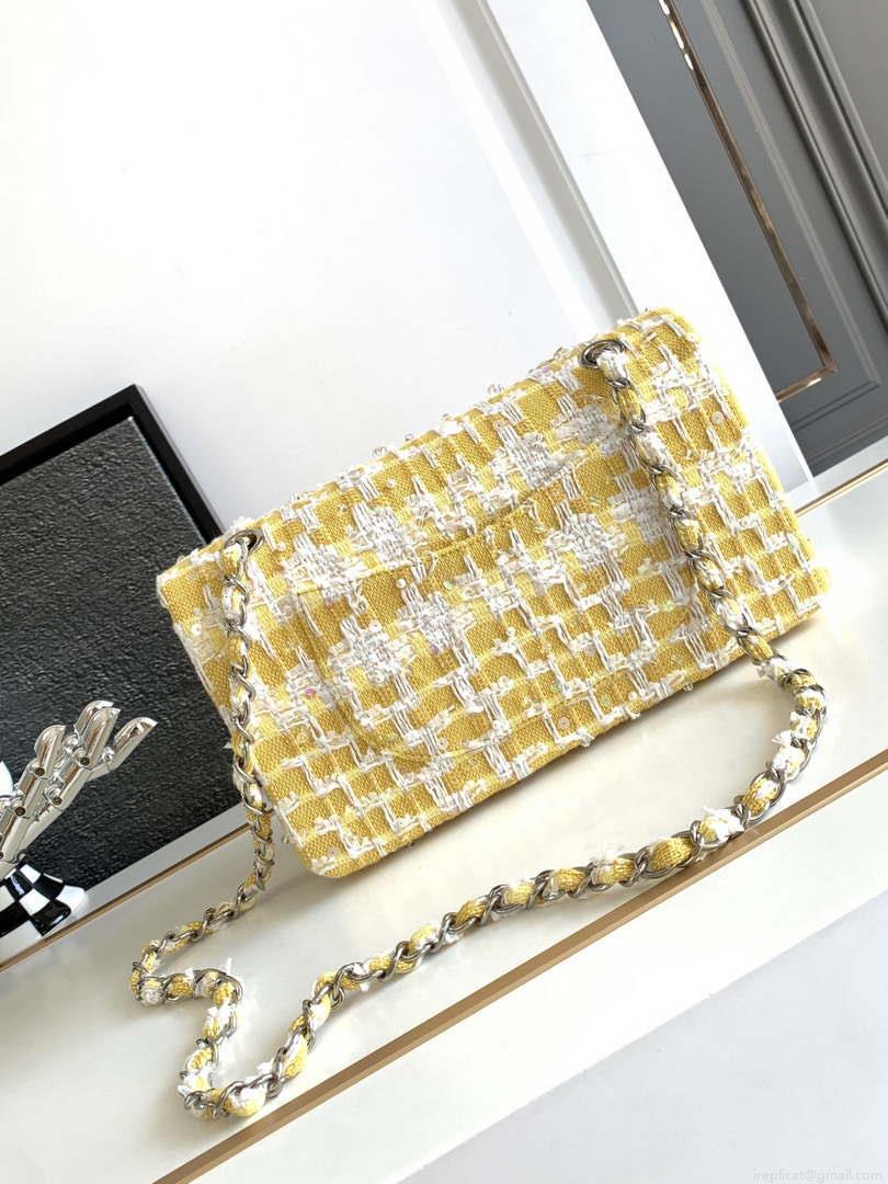 Chanel A01112 Flap Classic Handbag Tweed beads& Silver-Tone Metal Yellow