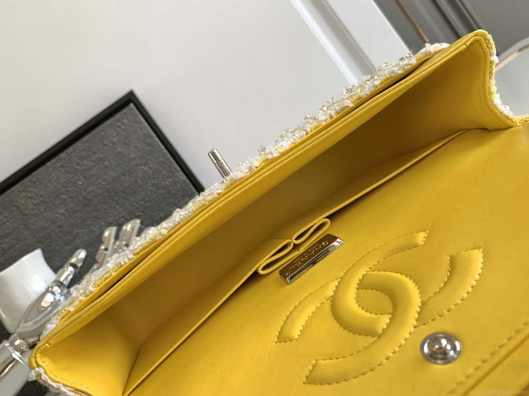 Chanel A01112 Flap Classic Handbag Tweed beads& Silver-Tone Metal Yellow
