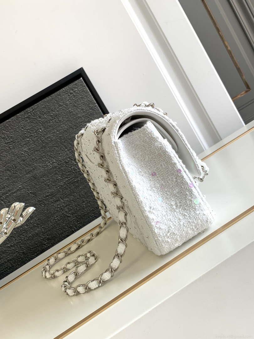 Chanel A01112 Flap Classic Handbag Tweed beads& Silver-Tone Metal White