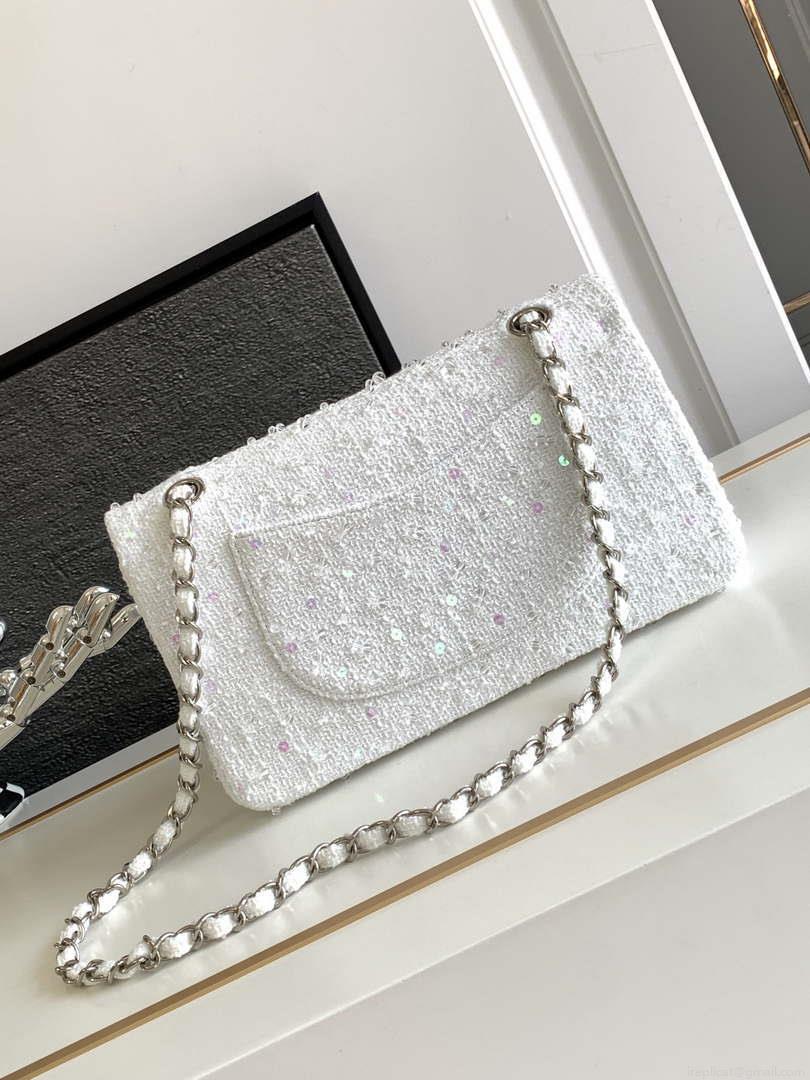 Chanel A01112 Flap Classic Handbag Tweed beads& Silver-Tone Metal White