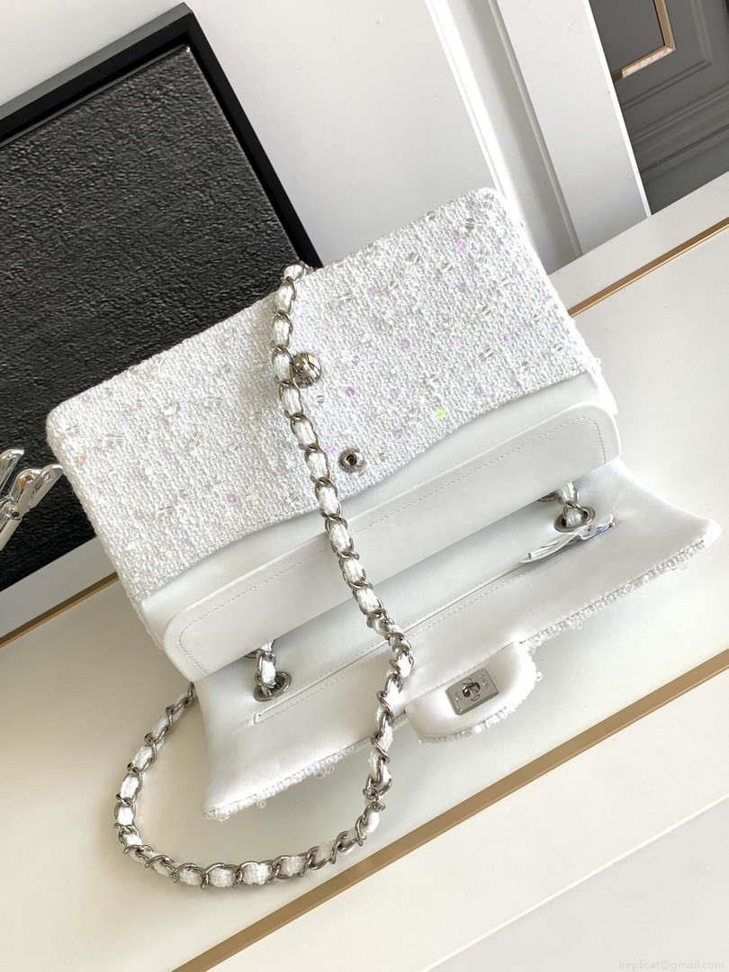 Chanel A01112 Flap Classic Handbag Tweed beads& Silver-Tone Metal White