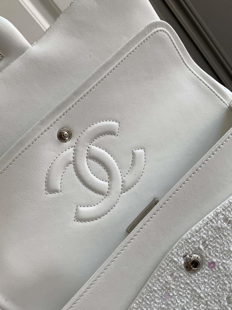 Chanel A01112 Flap Classic Handbag Tweed beads& Silver-Tone Metal White