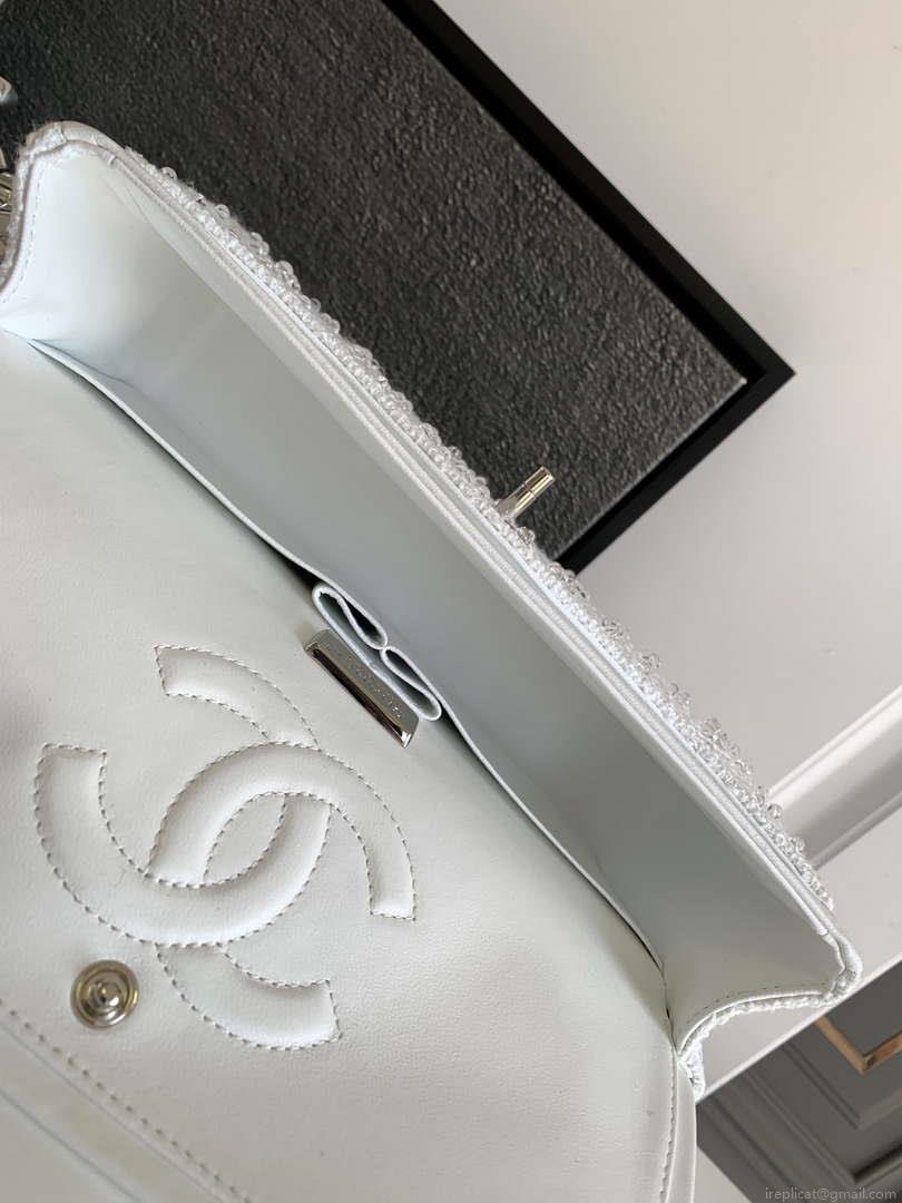 Chanel A01112 Flap Classic Handbag Tweed beads& Silver-Tone Metal White