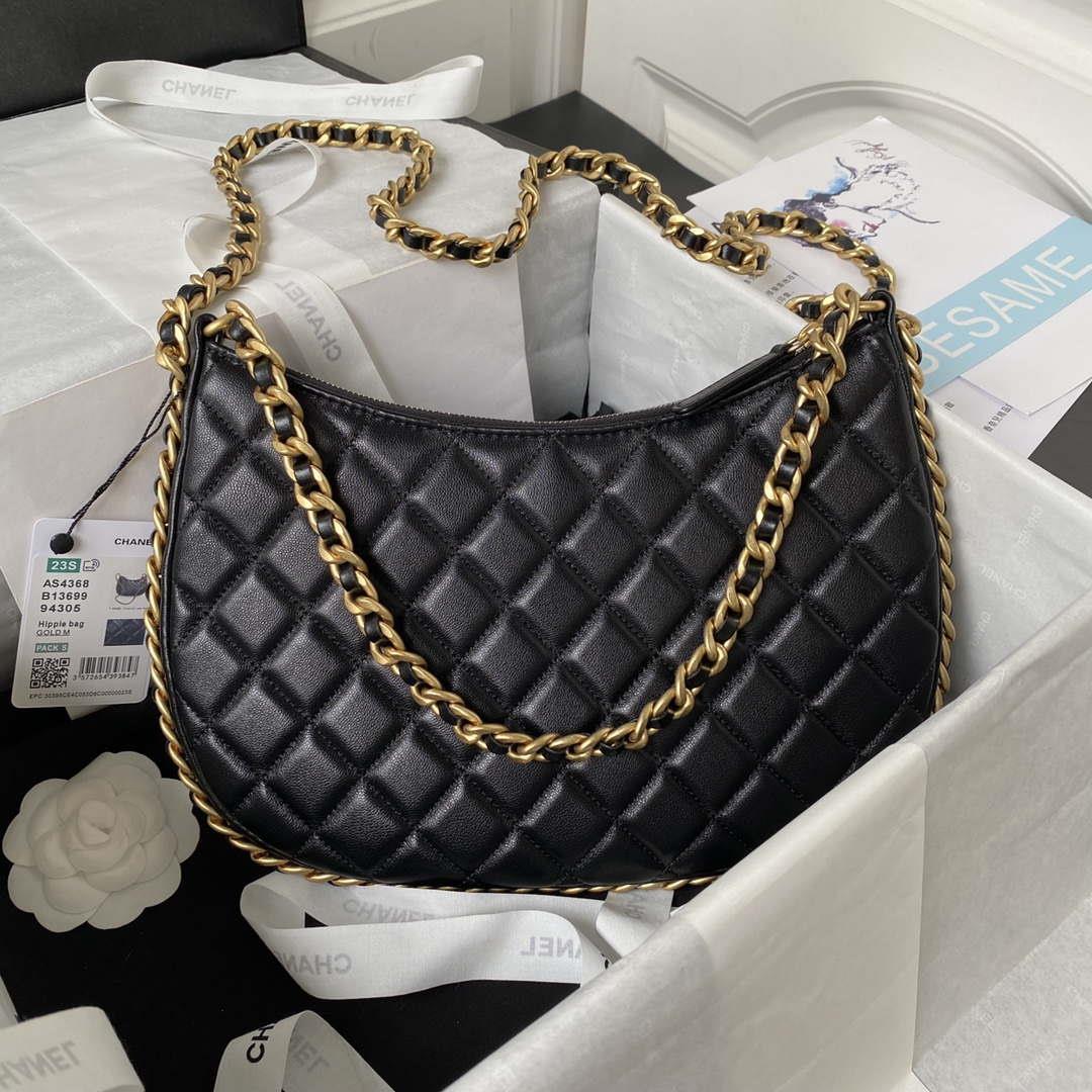 Chanel AS4368 Large HOBO Bag Shiny Crumpled Lambskin & Gold-Tone Metal Black