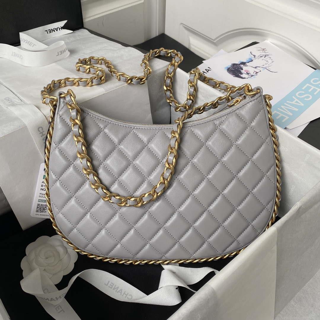 Chanel AS4368 Large HOBO Bag Shiny Crumpled Lambskin & Gold-Tone Metal Gray