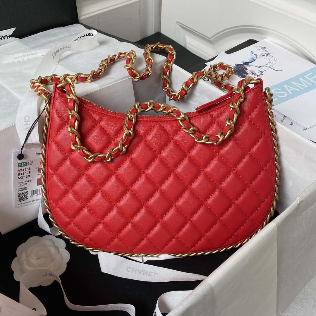 Chanel AS4368 Large HOBO Bag Shiny Crumpled Lambskin & Gold-Tone Metal Red