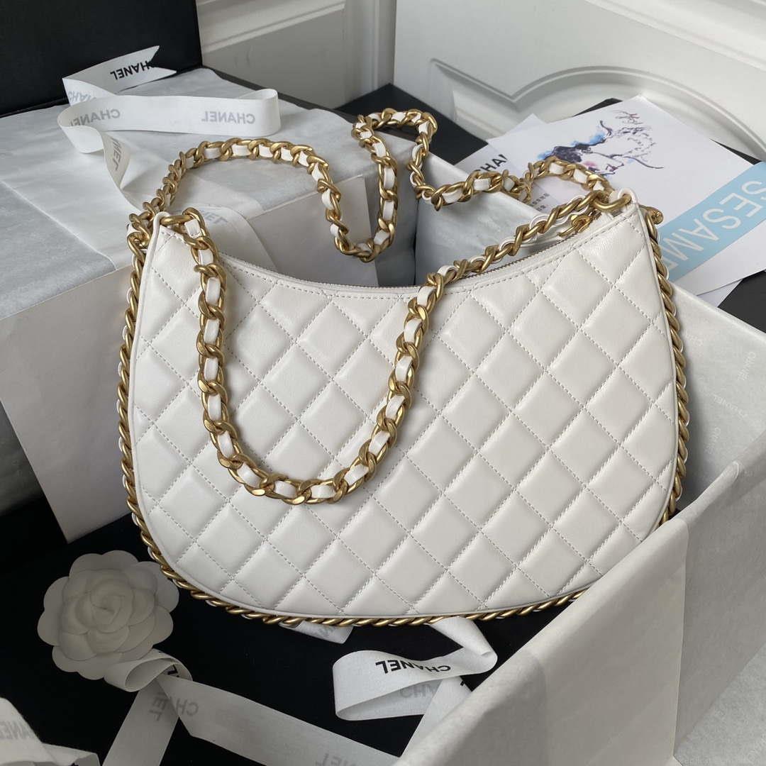 Chanel AS4368 Large HOBO Bag Shiny Crumpled Lambskin & Gold-Tone Metal White