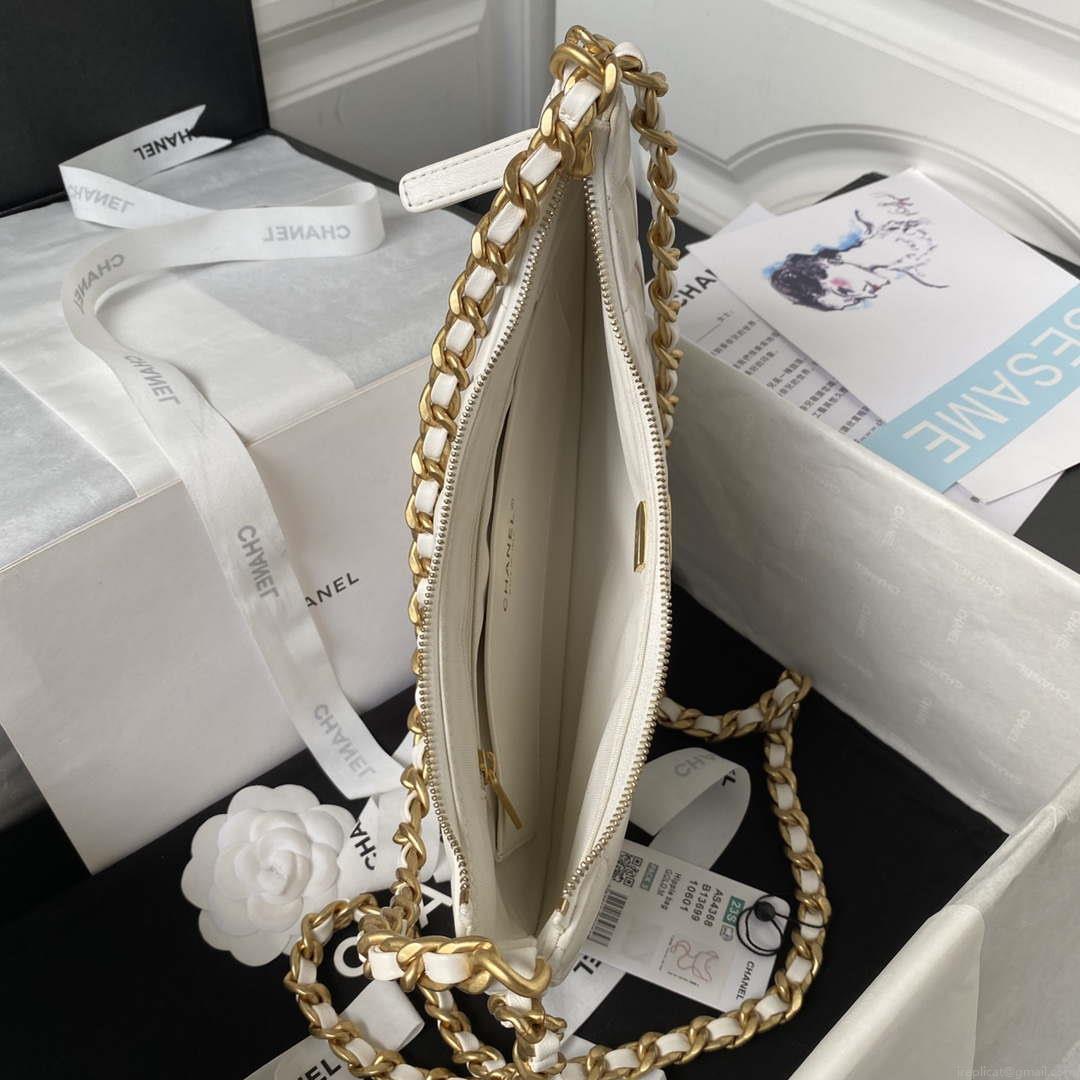Chanel AS4368 Large HOBO Bag Shiny Crumpled Lambskin & Gold-Tone Metal White