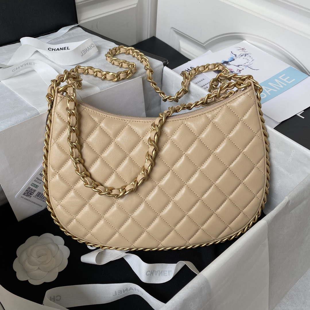 Chanel AS4368 Large HOBO Bag Shiny Crumpled Lambskin & Gold-Tone Metal Apricot
