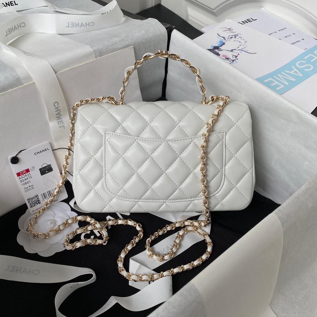 Chanel 23K AS2431 Mini flap Lambskin bag with top handle Whtie