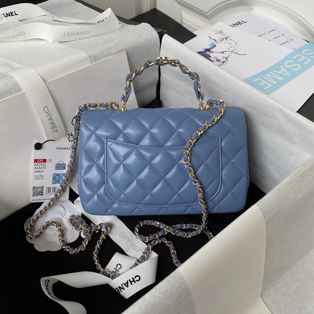 Chanel 23K AS2431 Mini flap Lambskin bag with top handle Blue