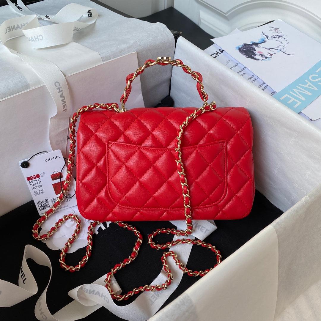 Chanel 23K AS2431 Mini flap Lambskin bag with top handle Red