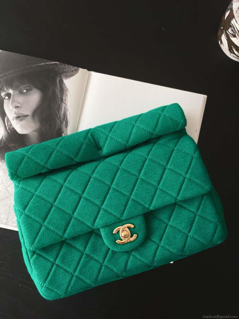 Chanel AS4199 Clutch Wool Jersey & Gold-Tone Metal Dark Green