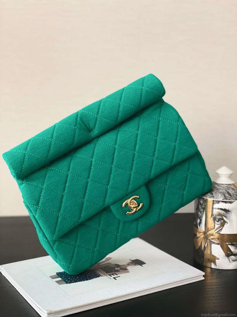Chanel AS4199 Clutch Wool Jersey & Gold-Tone Metal Dark Green
