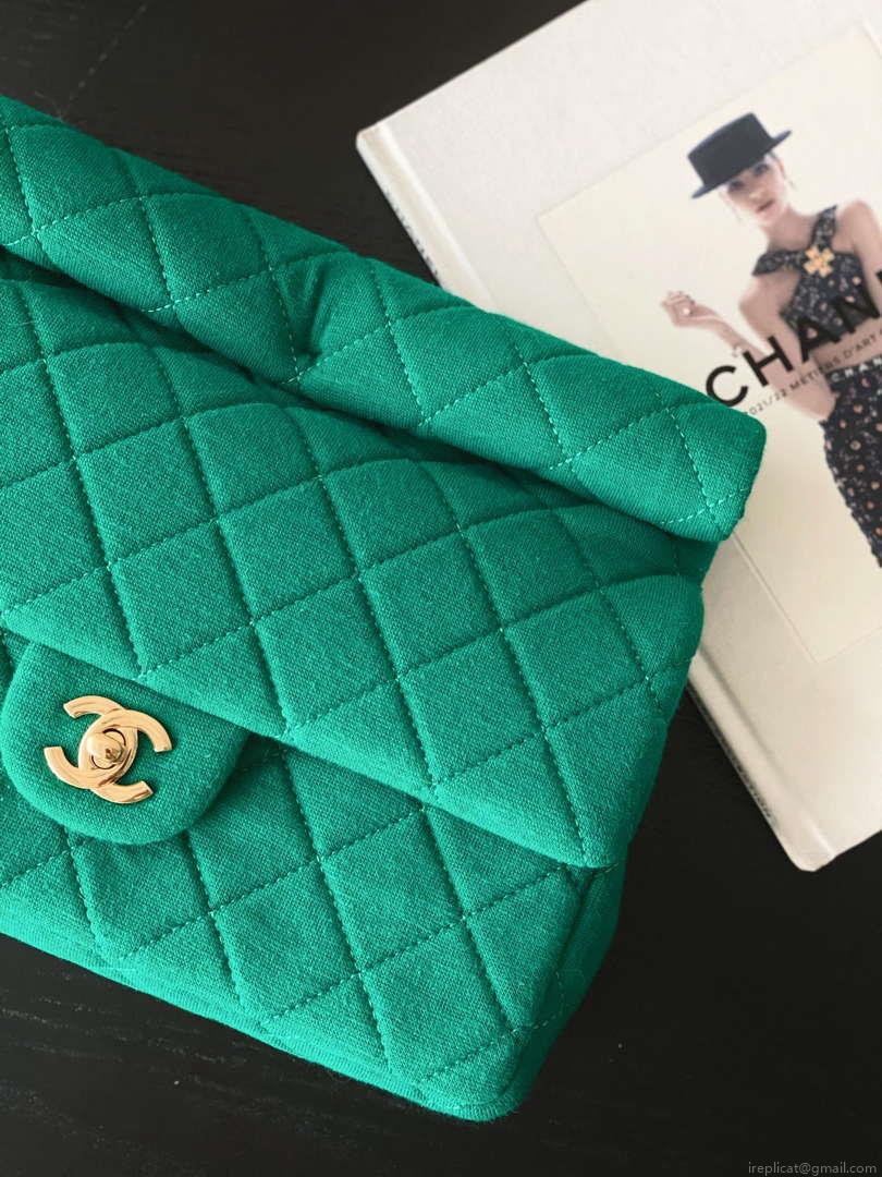 Chanel AS4199 Clutch Wool Jersey & Gold-Tone Metal Dark Green