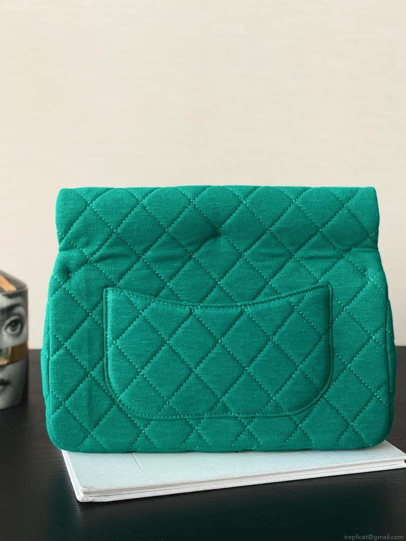 Chanel AS4199 Clutch Wool Jersey & Gold-Tone Metal Dark Green