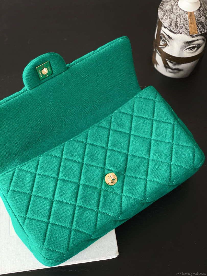 Chanel AS4199 Clutch Wool Jersey & Gold-Tone Metal Dark Green