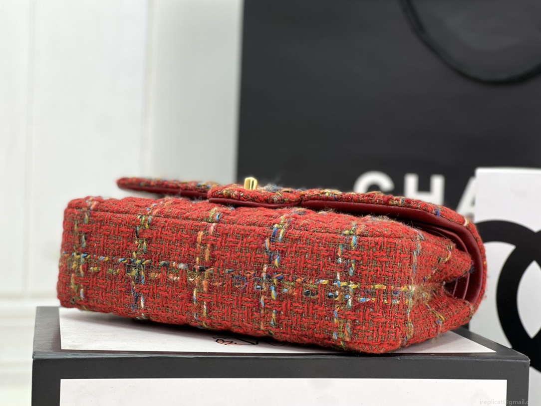 Chanel A01112 Flap Classic Handbag Woolen & Gold-Tone Metal Red