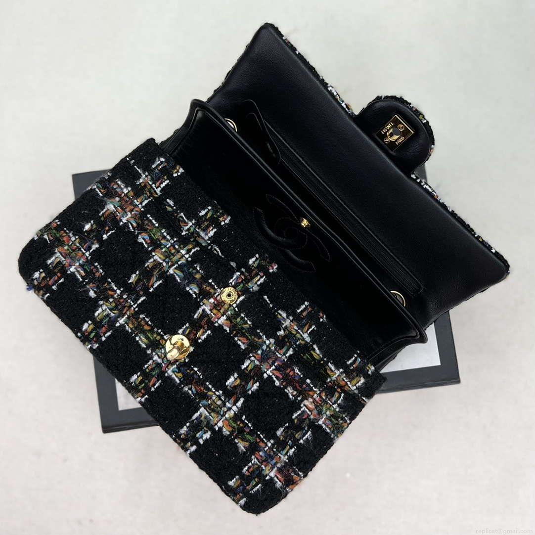 Chanel A01112 Flap Classic Handbag Woolen & Gold-Tone Metal Black