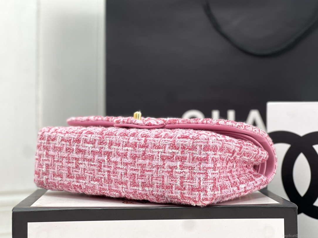 Chanel A01112 Flap Classic Handbag Woolen & Gold-Tone Metal Pink