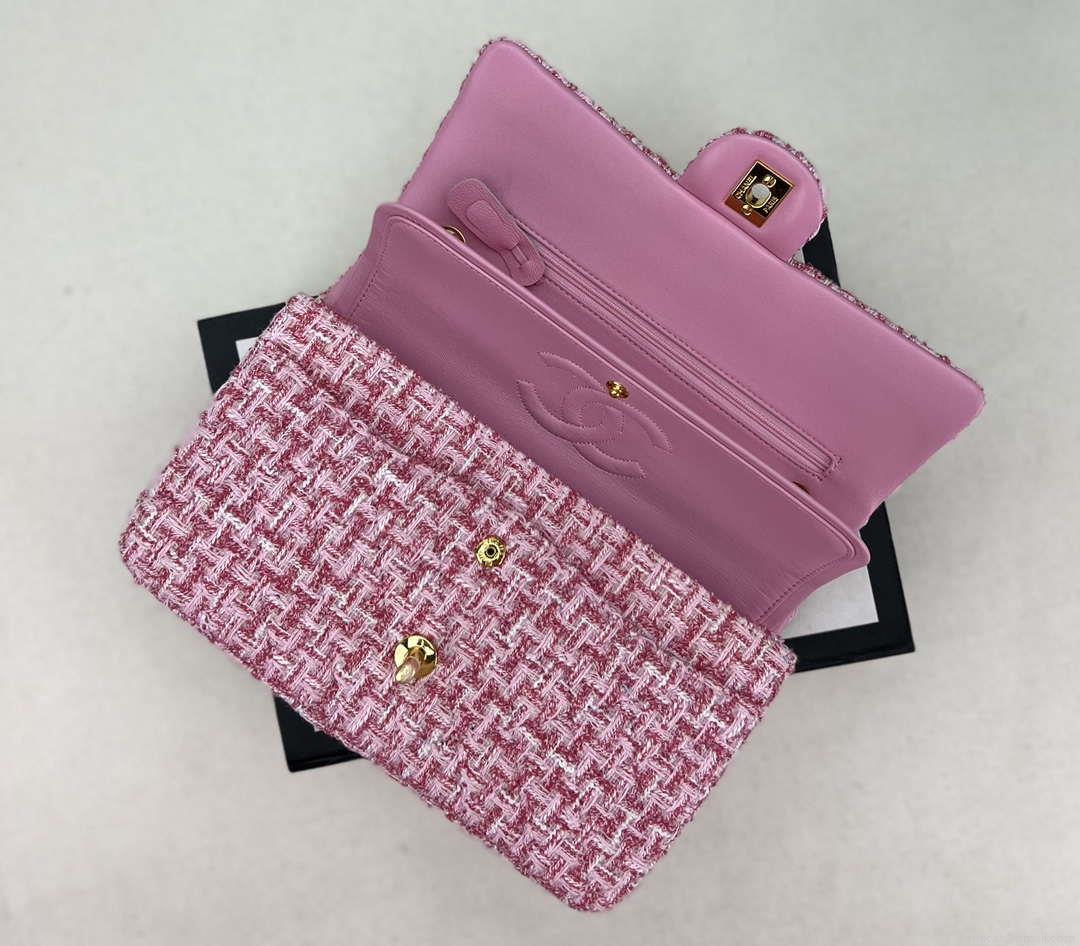 Chanel A01112 Flap Classic Handbag Woolen & Gold-Tone Metal Pink