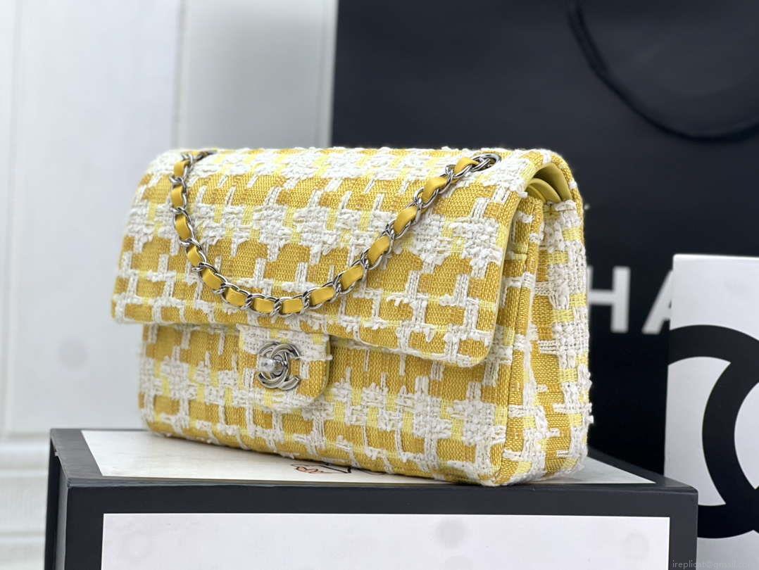 Chanel A01112 Flap Classic Handbag Woolen & Silver-Tone Metal Yellow