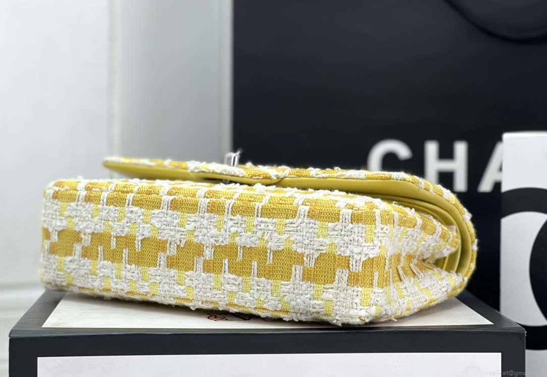 Chanel A01112 Flap Classic Handbag Woolen & Silver-Tone Metal Yellow