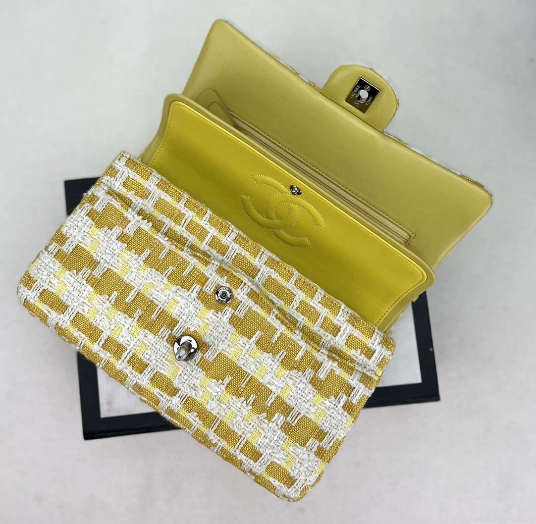 Chanel A01112 Flap Classic Handbag Woolen & Silver-Tone Metal Yellow