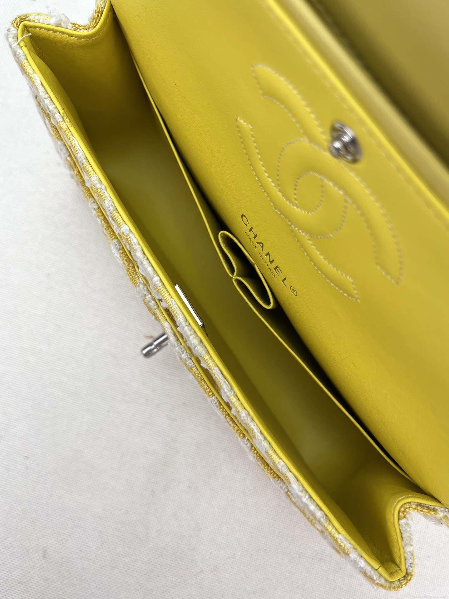 Chanel A01112 Flap Classic Handbag Woolen & Silver-Tone Metal Yellow