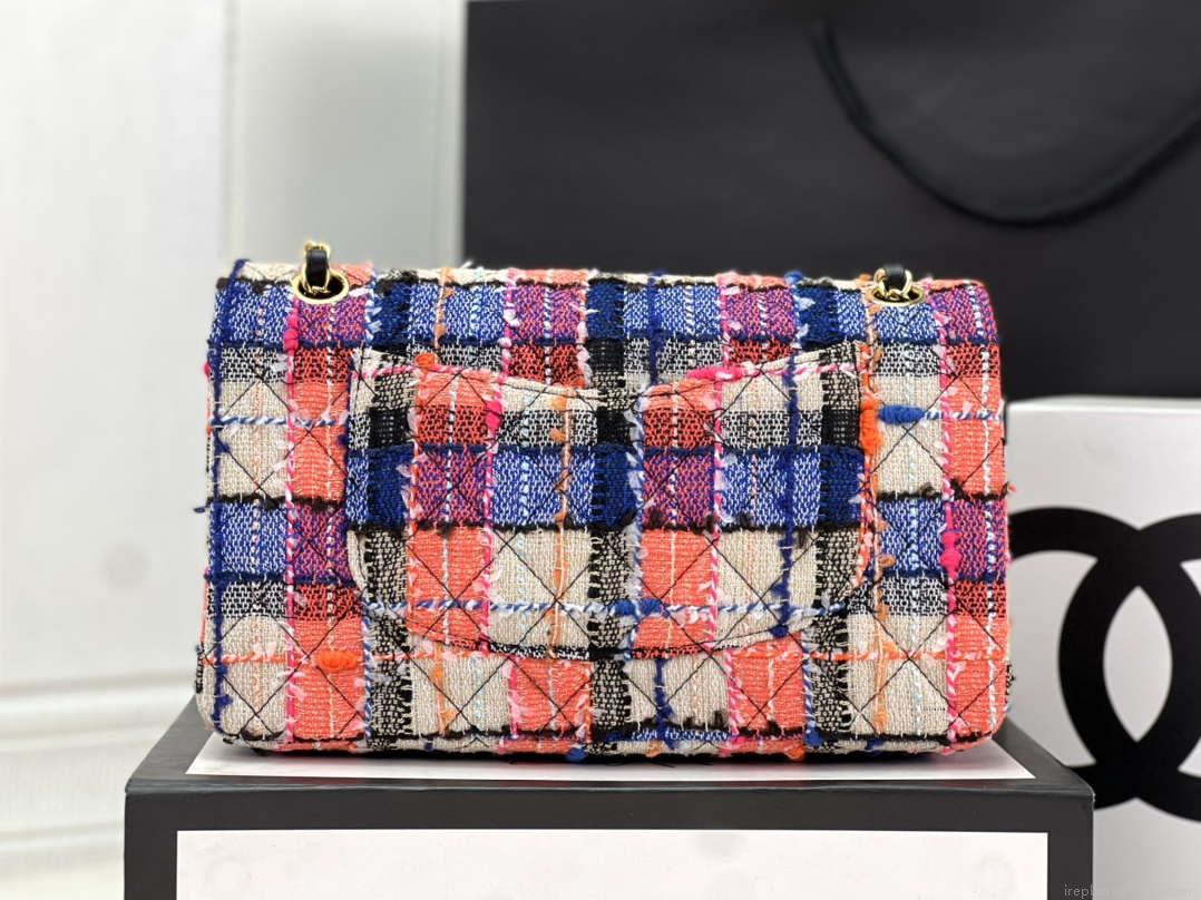 Chanel A01112 Flap Classic Handbag Woolen & Gold-Tone Metal Pink & Blue