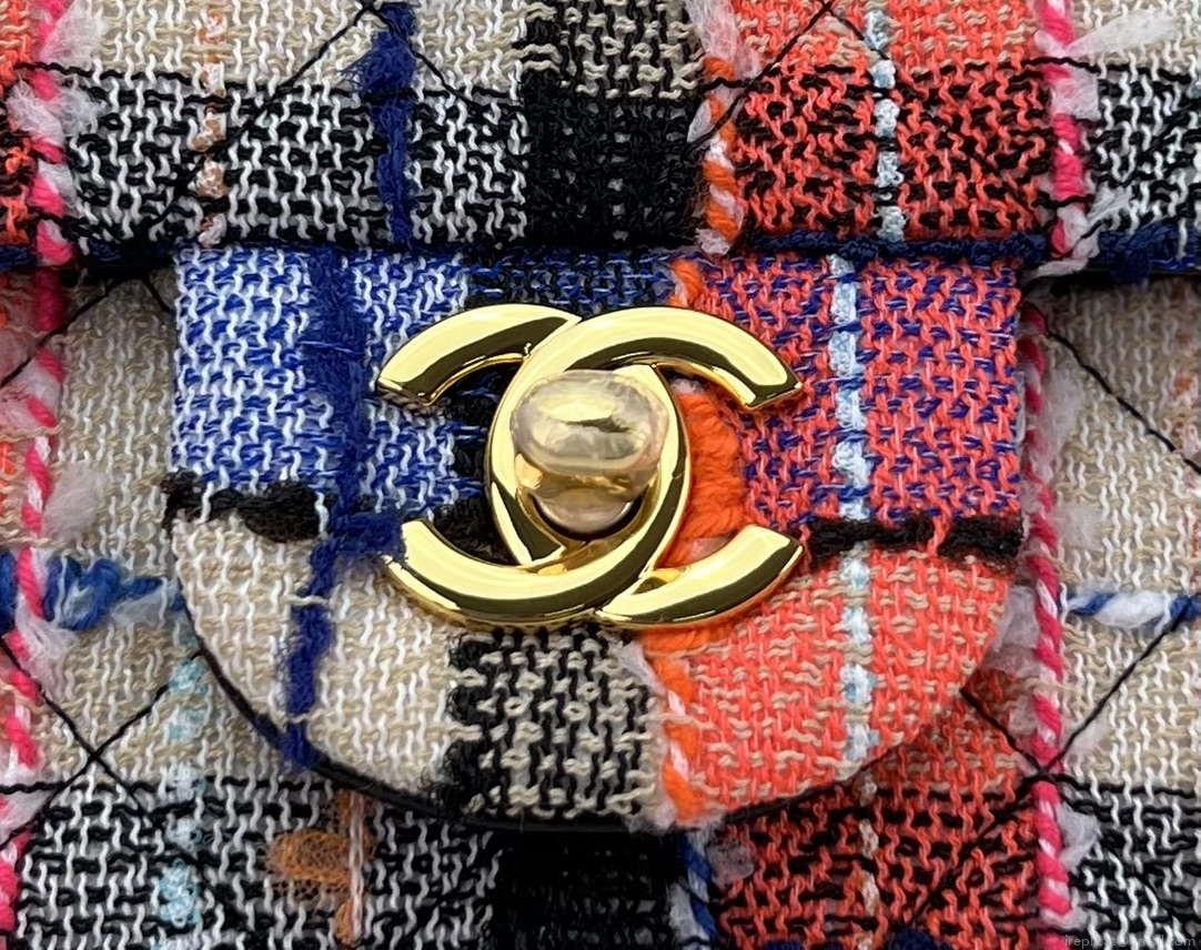 Chanel A01112 Flap Classic Handbag Woolen & Gold-Tone Metal Pink & Blue