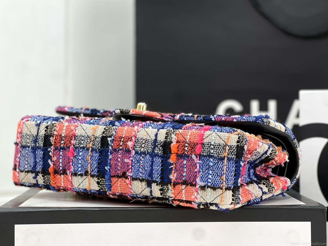 Chanel A01112 Flap Classic Handbag Woolen & Gold-Tone Metal Pink & Blue