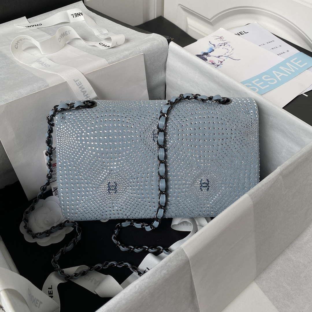 Chanel A01112 Flap Classic Handbag Velvet Crystal pearl Blue