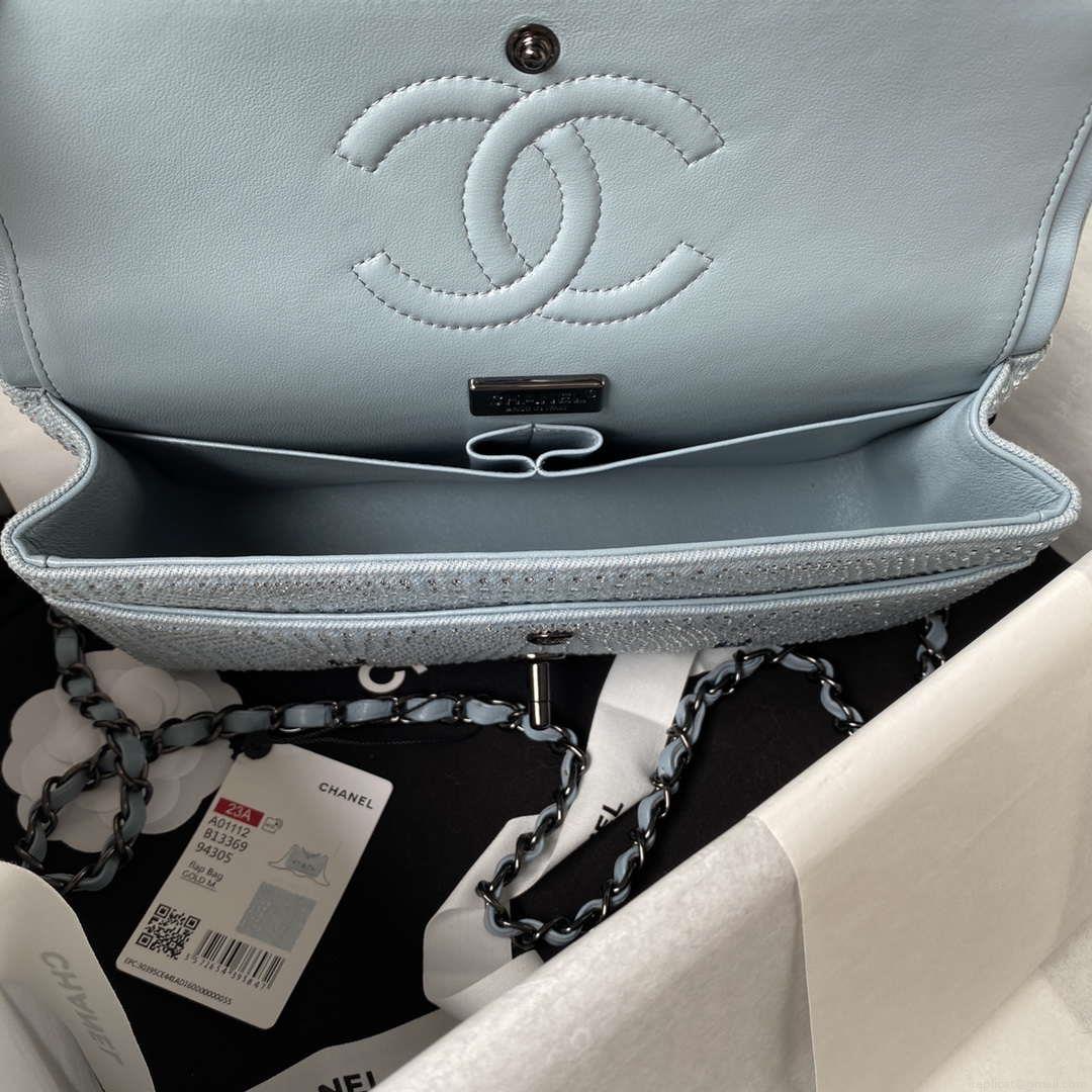 Chanel A01112 Flap Classic Handbag Velvet Crystal pearl Blue