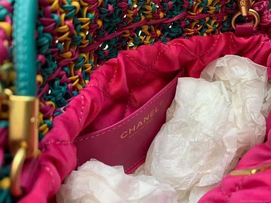 Chanel 22 AS3980 Mini Handbag Calfskin knotted lace and gold-tone metal Dark green & pink