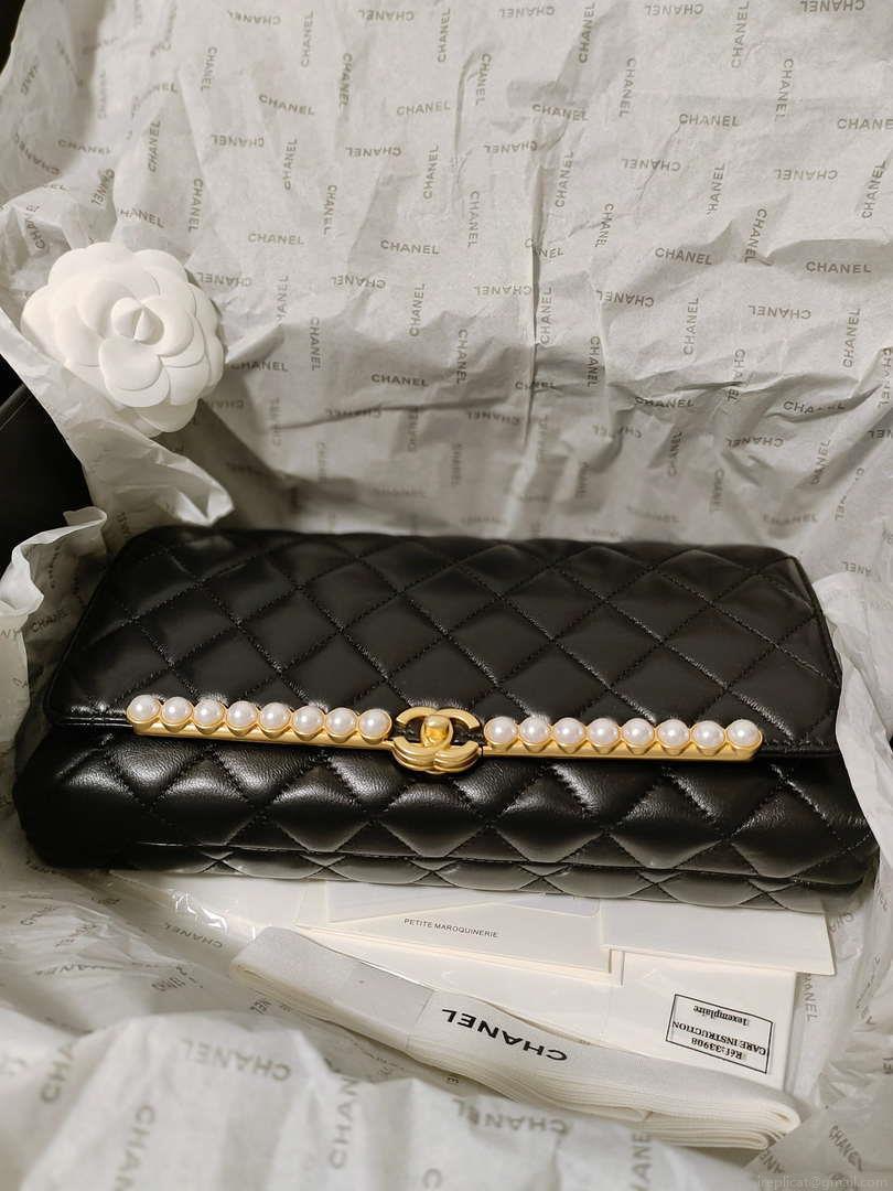 Chanel AS4455 CLUTCH Lambskin Imitation Pearls & Gold Metal Black