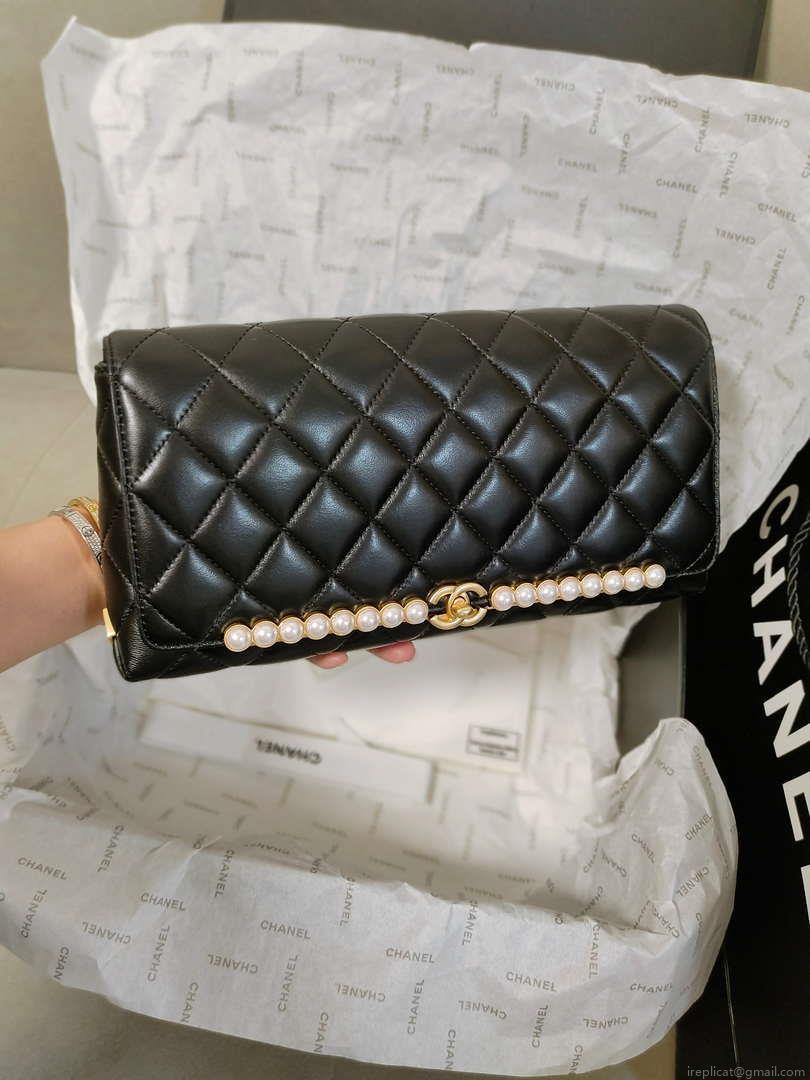 Chanel AS4455 CLUTCH Lambskin Imitation Pearls & Gold Metal Black