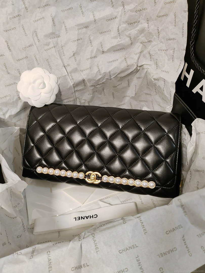 Chanel AS4455 CLUTCH Lambskin Imitation Pearls & Gold Metal Black