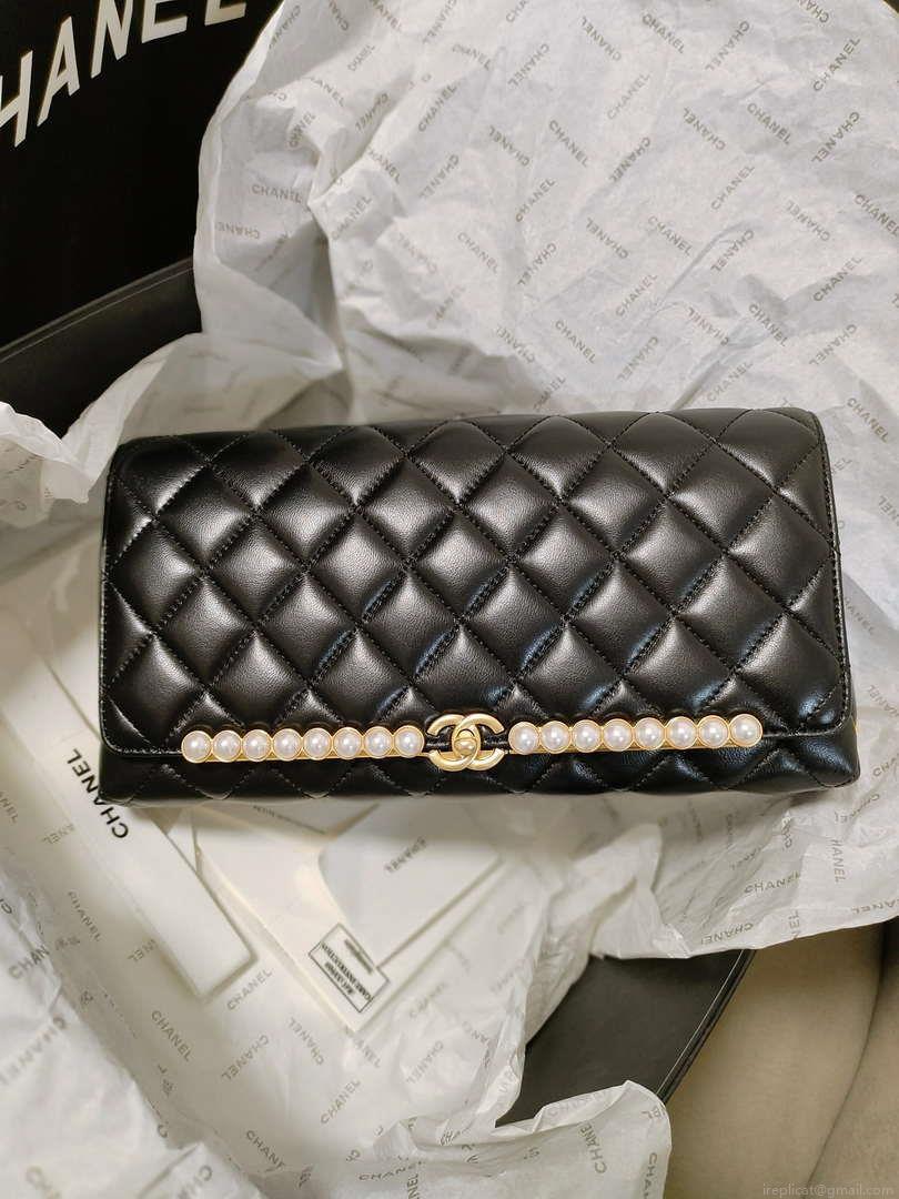 Chanel AS4455 CLUTCH Lambskin Imitation Pearls & Gold Metal Black