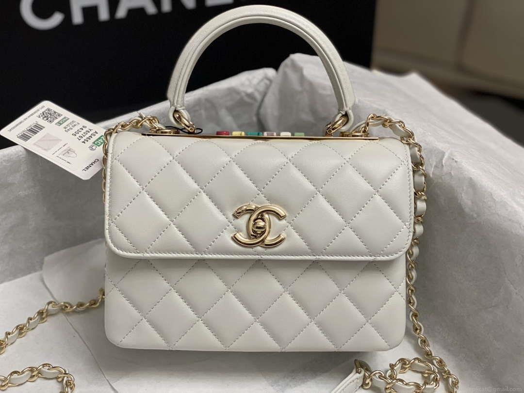 Chanel AS4654 Trendy CC Flap Bag With Top Handle White Lambskin Multicolor Logo