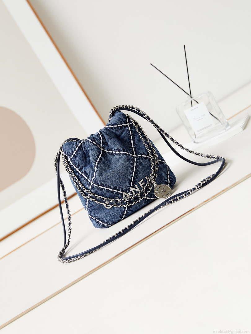 Chanel AS3980 22 Mini Handbag Silver-Tone Metal Canvas Blue Denim