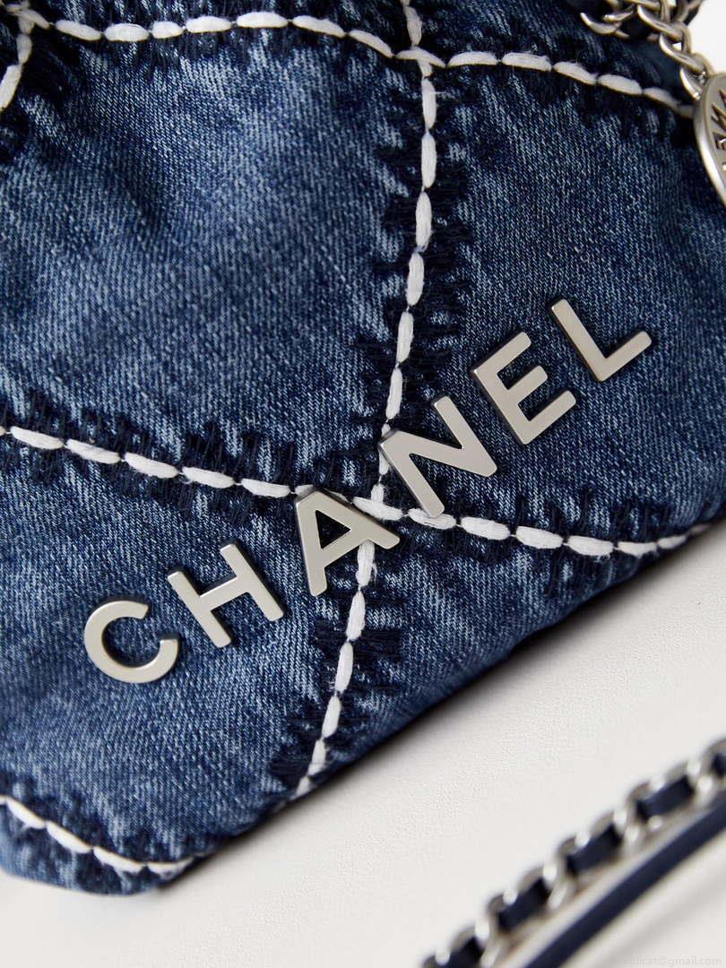 Chanel AS3980 22 Mini Handbag Silver-Tone Metal Canvas Blue Denim