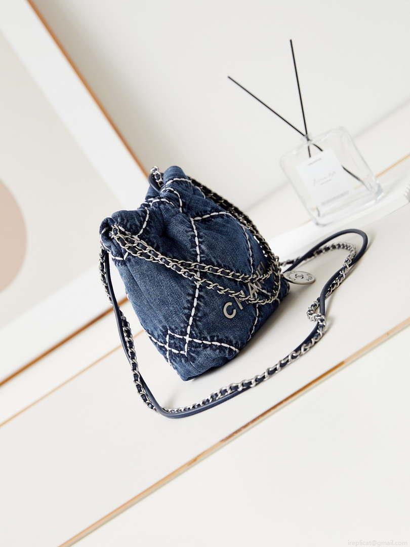 Chanel AS3980 22 Mini Handbag Silver-Tone Metal Canvas Blue Denim