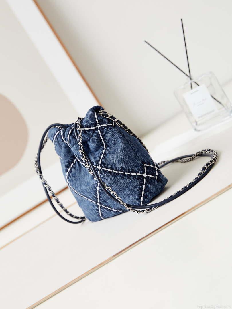 Chanel AS3980 22 Mini Handbag Silver-Tone Metal Canvas Blue Denim