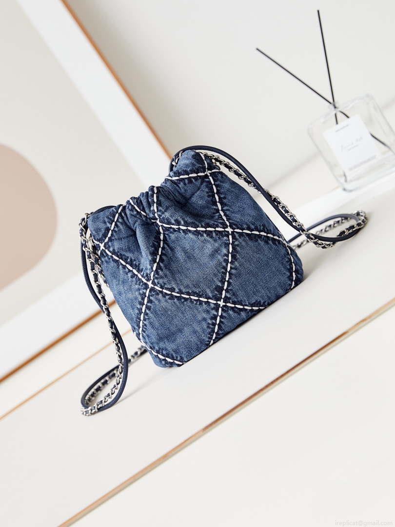 Chanel AS3980 22 Mini Handbag Silver-Tone Metal Canvas Blue Denim