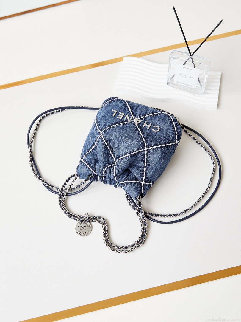 Chanel AS3980 22 Mini Handbag Silver-Tone Metal Canvas Blue Denim
